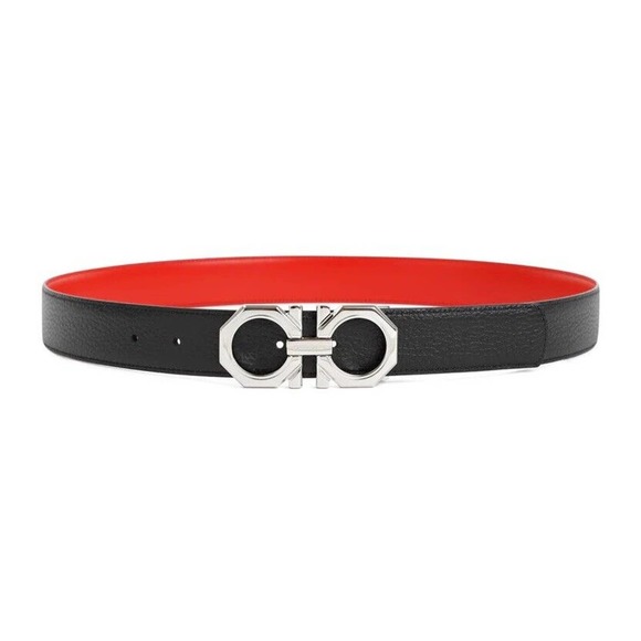 CURRENT SEASON FERRAGAMO REVERSIBLE RED BLACK LEATHER GANCINI BELT - Picture 1 of 3